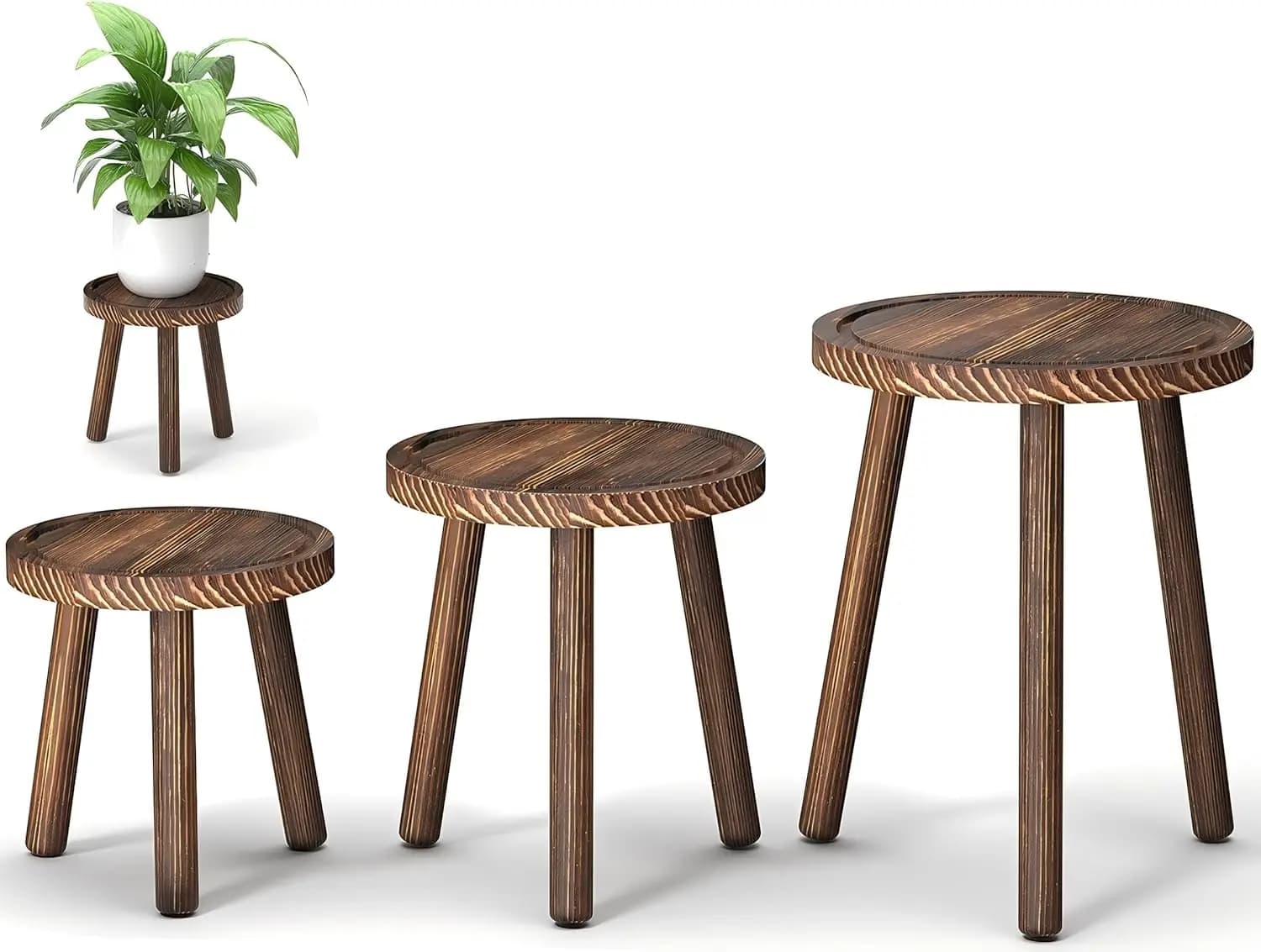 Set of 3 Supports in Wood for Plants with 6-12 Inch Vases, Modern Stools for Indoor Plants for Living, Balcony, Office