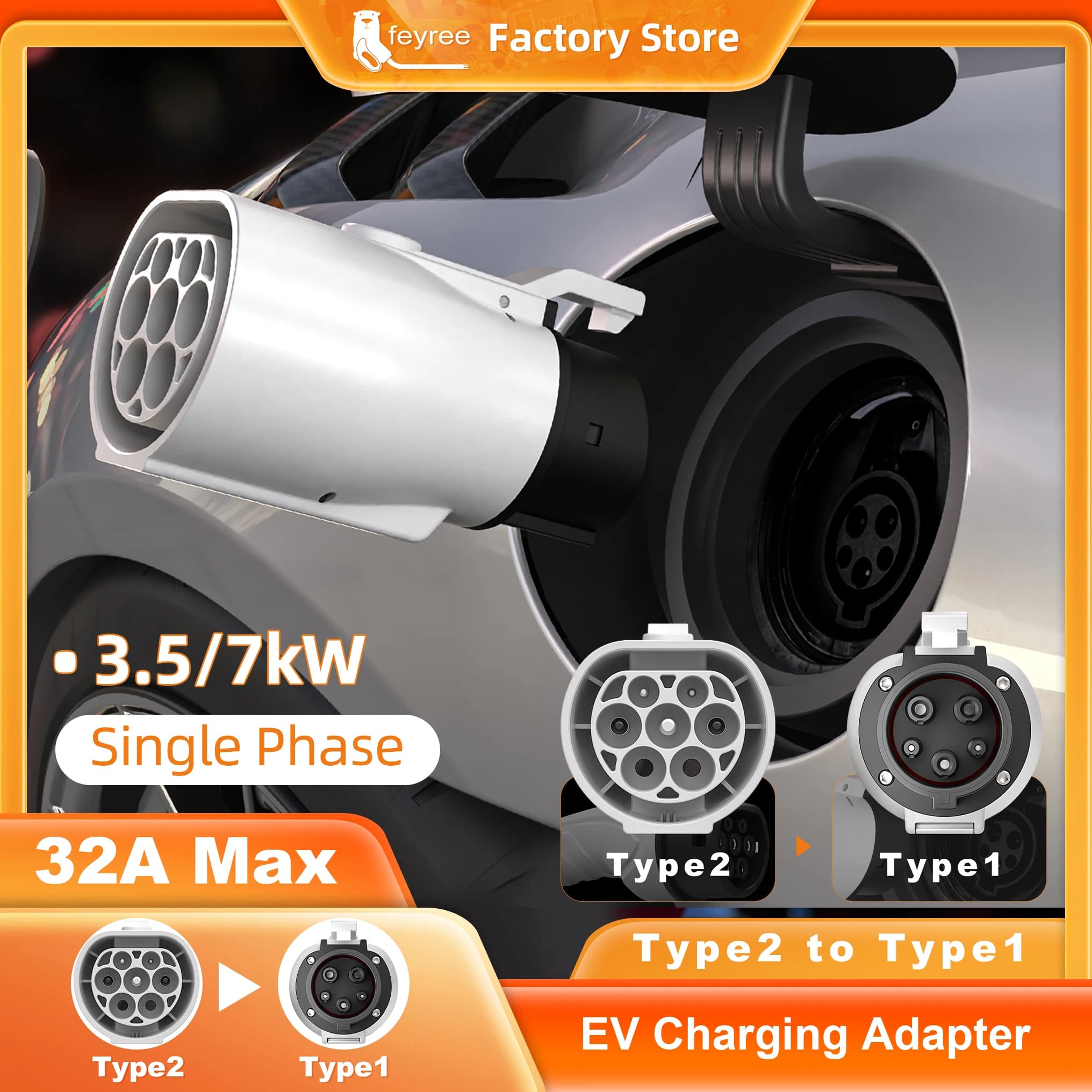 Feyree adapter type 2 to type 1 IEC 62196-2 charger adapter to J1772 EV for charging electric vehicles 16A 32A single-phase