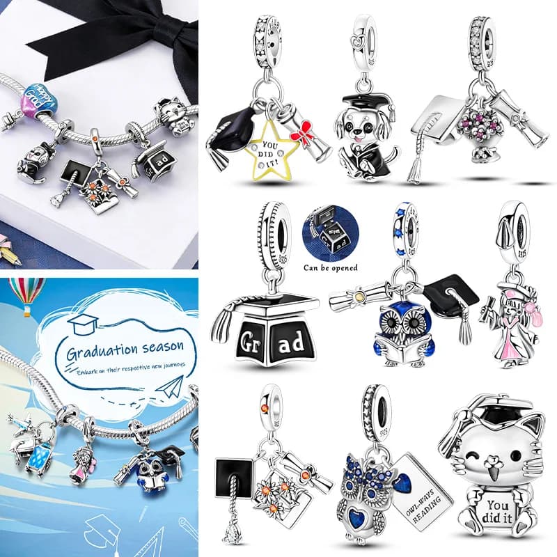 Ciondoli in Argento Sterling 925 Serie Laurea, Compatibili con Bracciali Originali, Pendente a Forma di Fiore e Cappello di Laurea, Regalo Fai-da-Te per Donna