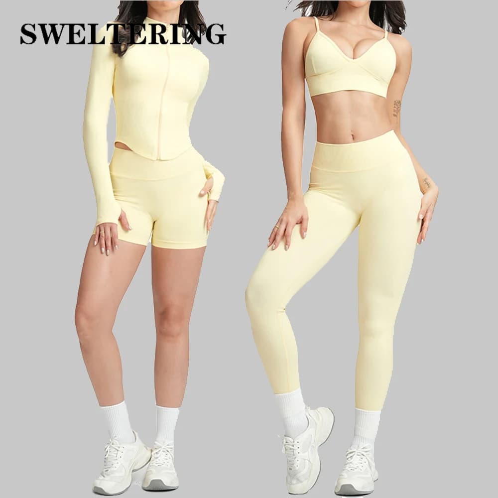 SWELTERING Set da yoga senza cuciture da 2/3 pezzi, abbigliamento da palestra, abbigliamento sportivo, tute fitness, reggiseno da allenamento da donna, top corto, tute sportive a maniche lunghe