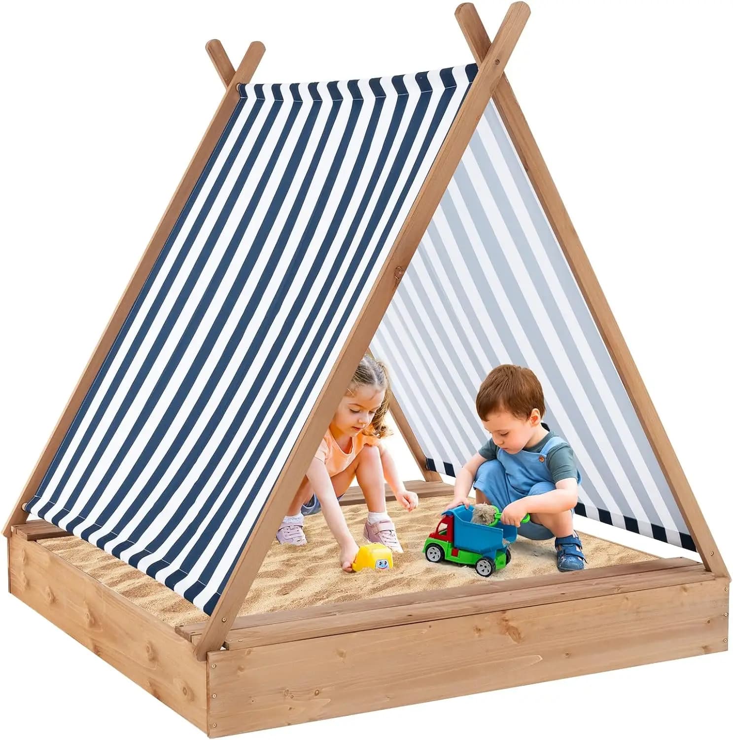 Sandbox per bambini con baldacchino, scatola di sabbia in legno grande 49 "x 48" con 2 posti da banco, strisce blu e bianche per bambini 1 + anni, Ou