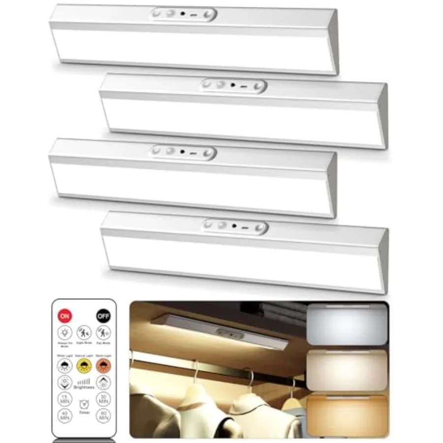 Luci per Armadio con Sensore di Movimento, Design per Protezione degli Occhi, Illuminazione per Armadietto Wireless con Telecomando, 3 Temperature di Colore e Dimmerabili, Magnetiche