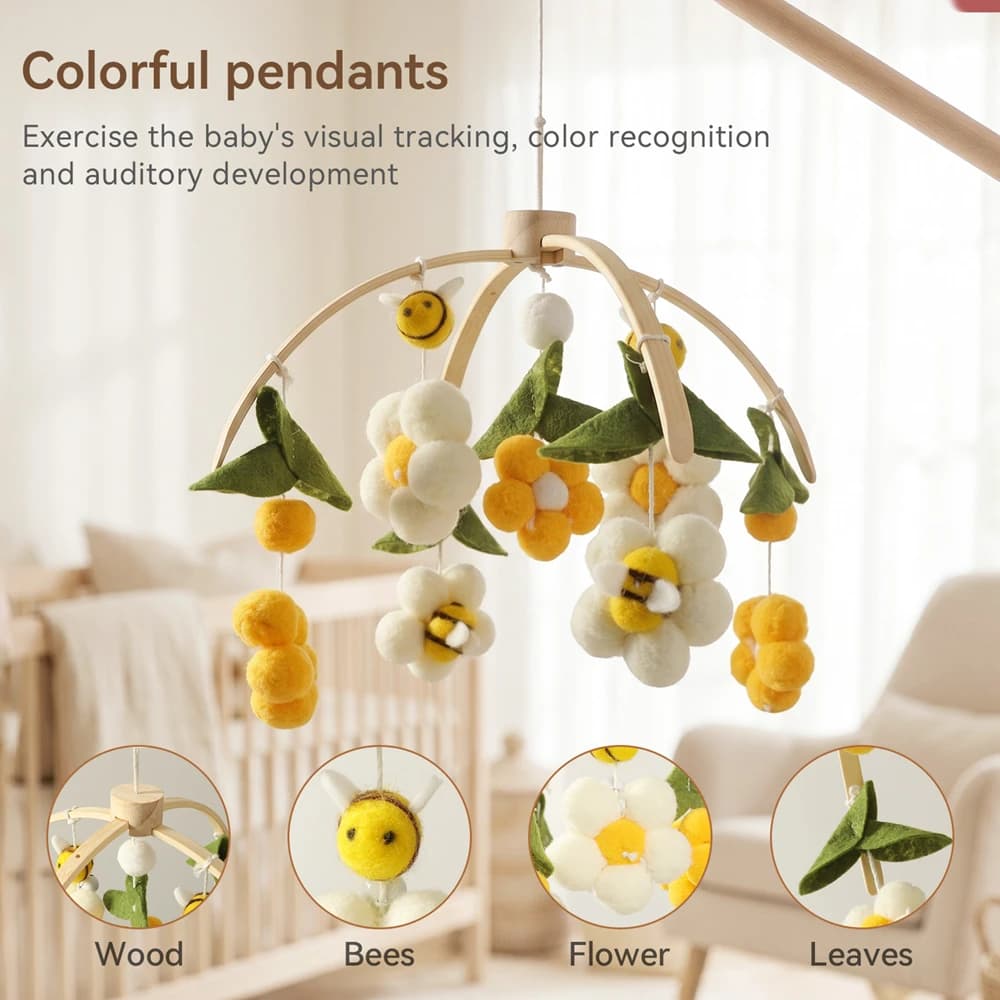 Wooden Bee Flower Crib Mobile Hanging Rattle Toy Baby Bed Bell Visual Tracking Auditory Sensory Training Toy Nursery Decoration