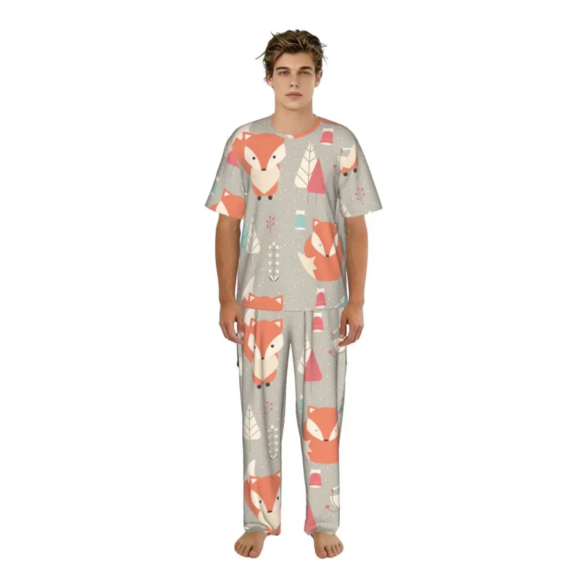 Men's short sleeve pajamas and long trousers with fox pattern, summer home dress set