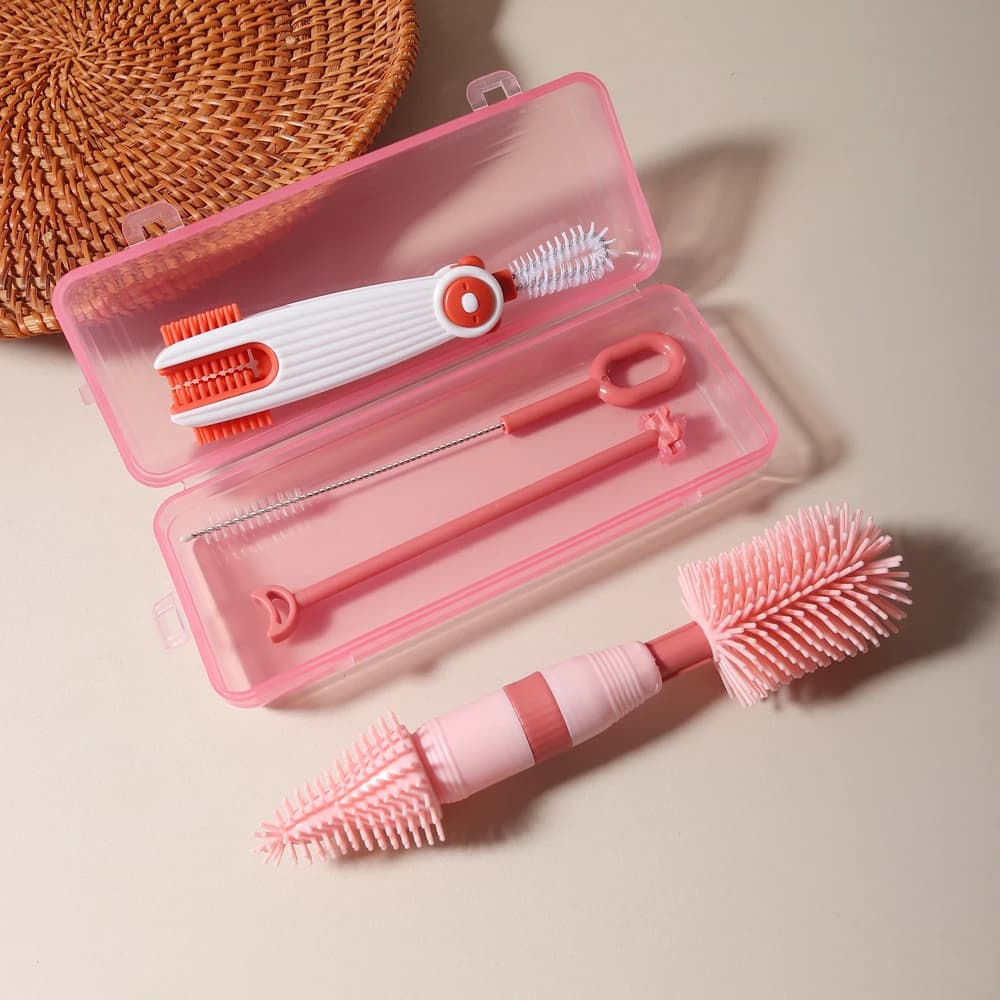 Set di pulizia per biberon 4 in uno, spazzola per ciuccio portatile in silicone, spazzola per cannuccia, risciacquo per biberon rotante a 360 gradi