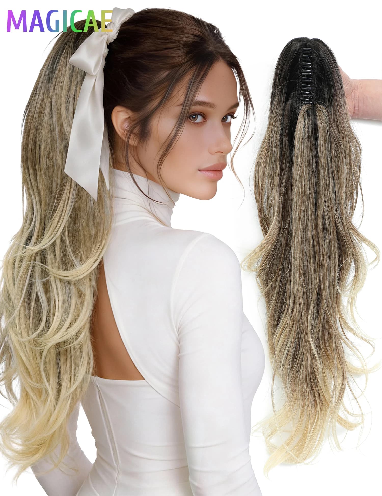 26 inch corrugated synthetic horsetail hair extension with griffe clip, 180 grams, ombré blonde TAT4/12/613, high temperature resistant