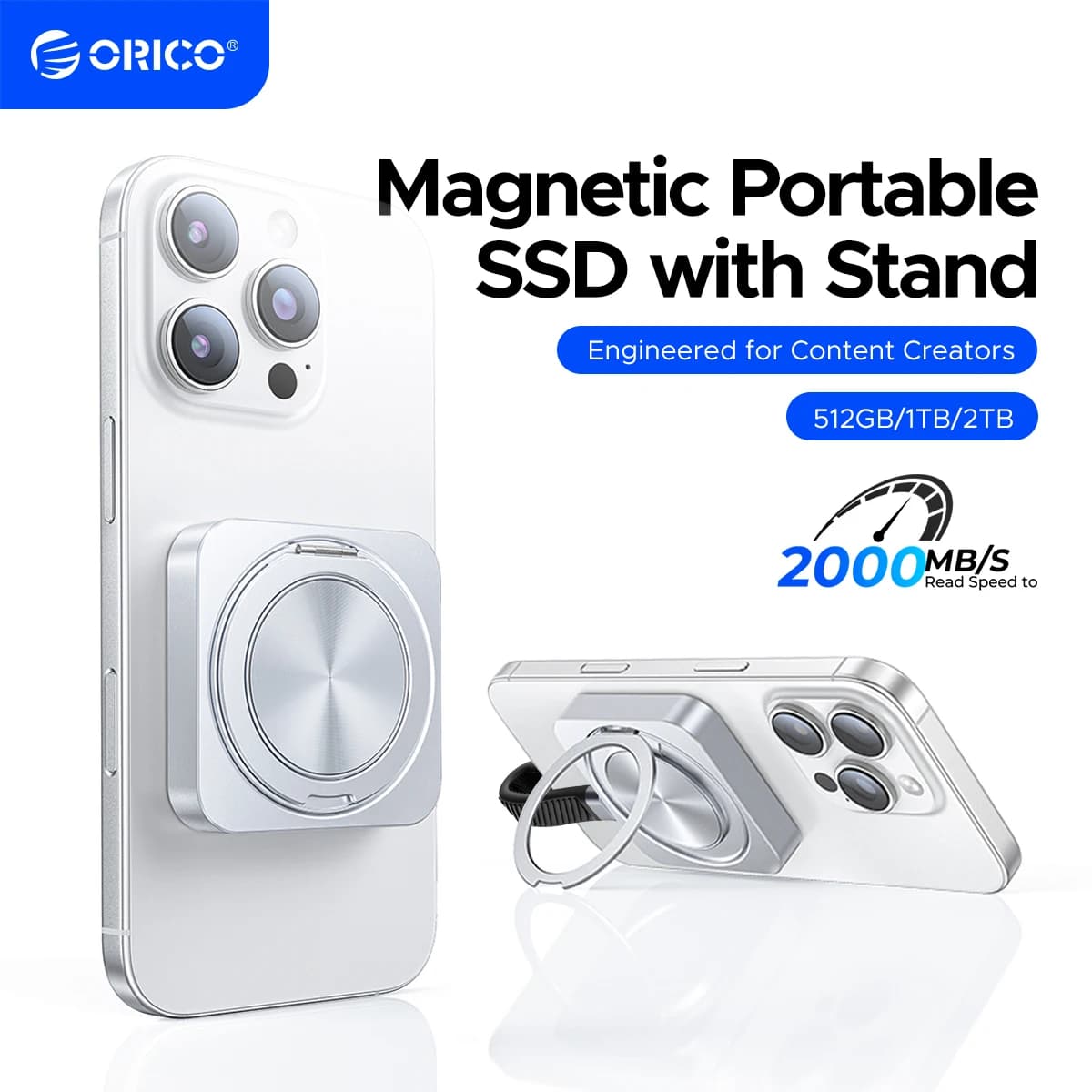 ORICO SSD esterno magnetico per iPhone 16 15 Pro/Max ProRes 2000MB/s 4K ProRes HDR Record e negozio con supporto 360