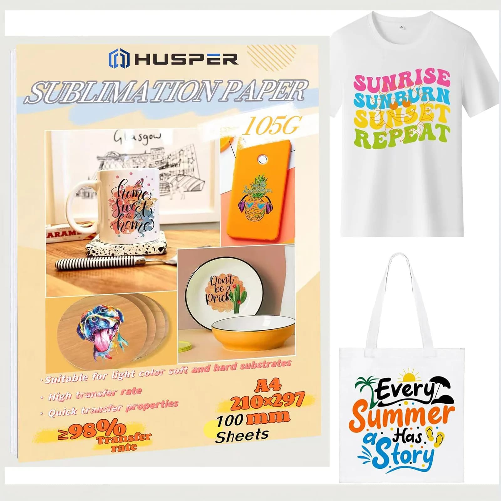 HUSPER 105G A4 100 fogli di carta per sublimazione carta per trasferimento di calore stampante a getto d'inchiostro con inchiostro per sublimazione per tazza T-shirt
