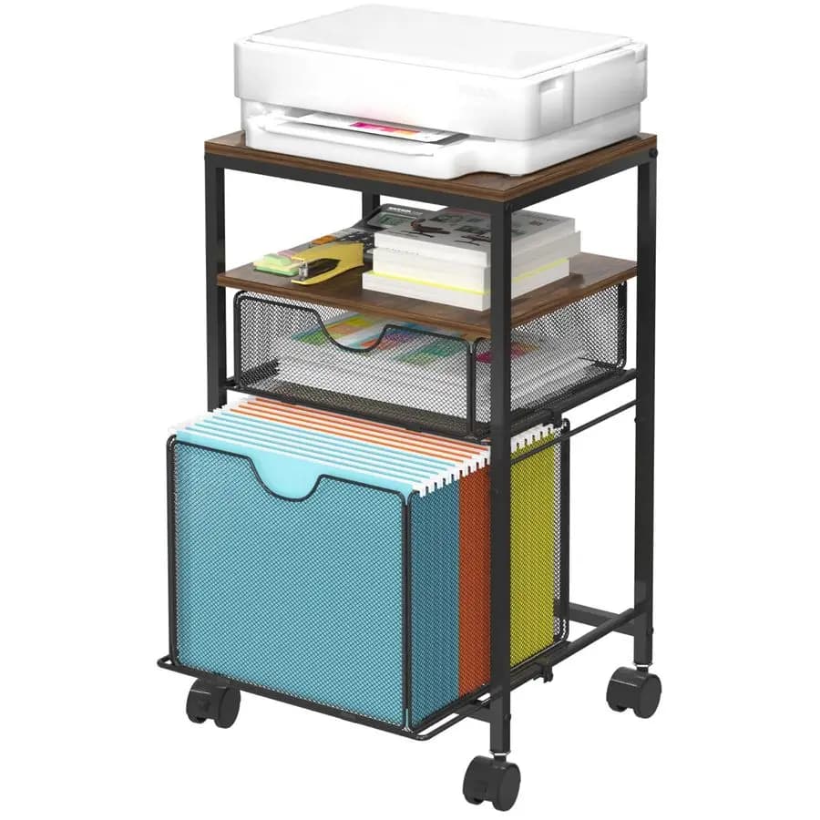 Carrello Portadocumenti con 2 Cassetti, Organizzatore per Cartelle in Legno e Rete con Ruote Sotto Scrivania, Armadietti Portadocumenti per Casa e Ufficio