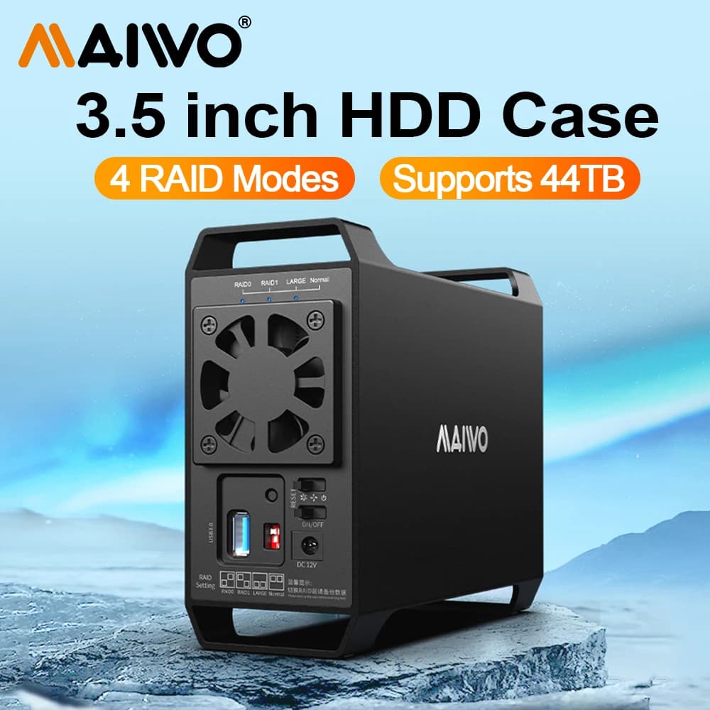 MAIWO 3.5 pollici Dual Bay custodia per disco rigido esterno Array Cabinet SATA Hard Disk Array con 4 funzioni RAID per HDD da 3,5 pollici