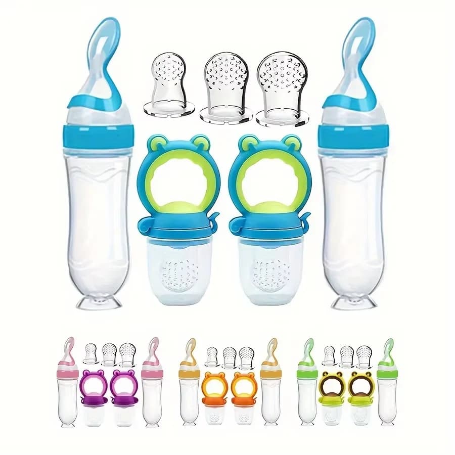 Set per l'alimentazione del bambino da 7 pezzi: biberon in silicone morbido da 2 pezzi con cucchiaio, ciuccio per mangiatoia per frutta da 2 pezzi con capezzoli di 3 dimensioni