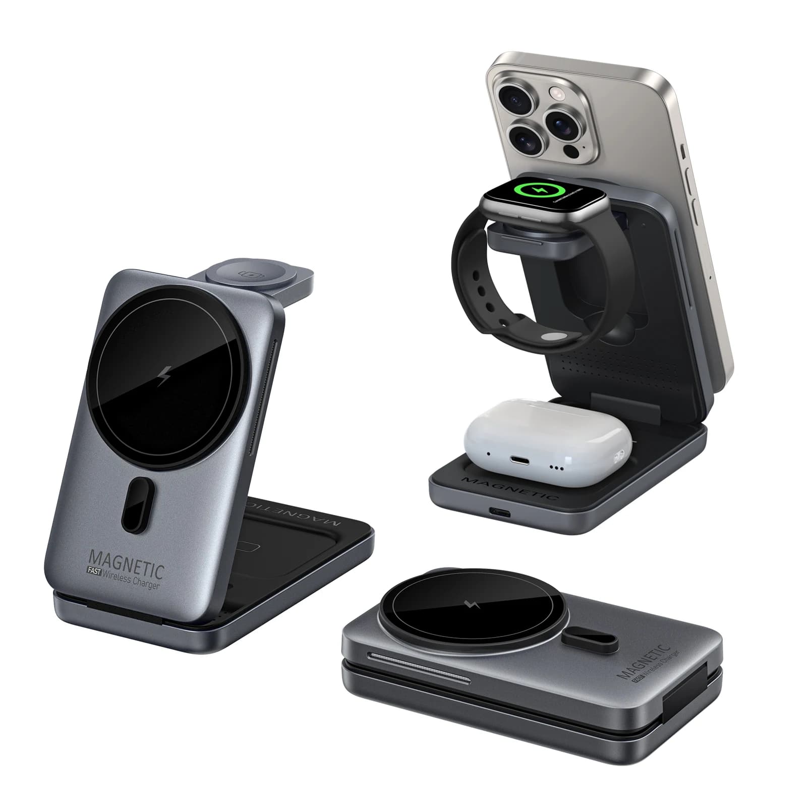3-in-1 Wireless Magnetic Charging Station for iPhone 17/16/15/14/13/12, Apple Watch and AirPods