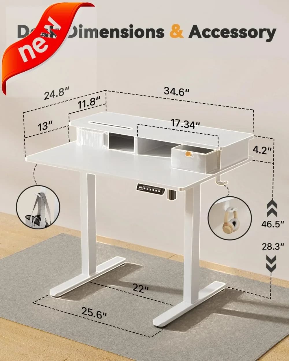 Adjustable desk in height from 35 Inches with Monitor and Cassetto Holders, White Sit-Stand Table for Home Office