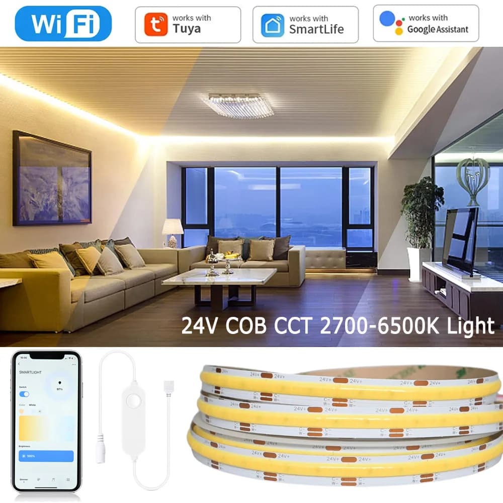 24V Tuya WiFi COB CCT LED Strip 1m 2m 3m 5m 10m Dimmable Flexible 2700-6500K Dual White Room Decor Light for Alexa Google Home