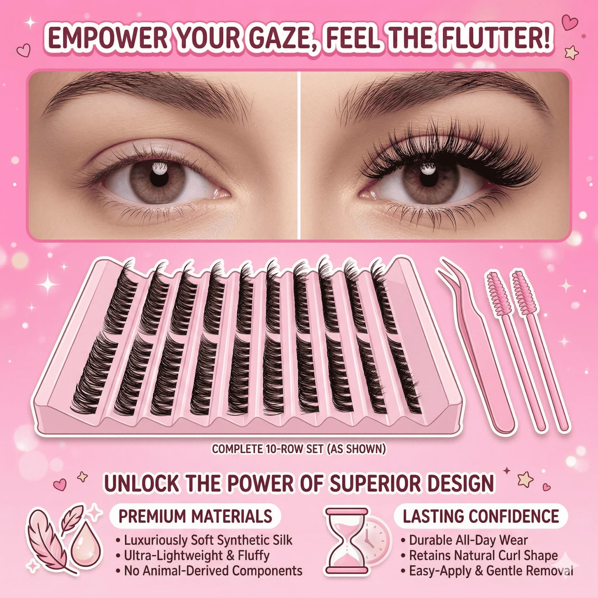 Kit Ciglia Finte a Ciuffetti 60D 8-16mm Curvatura D con 1 Pinzetta e 2 Scovolini per Mascara, Ciglia Finte Voluminose Effetto Occhi di Volpe/Gatto