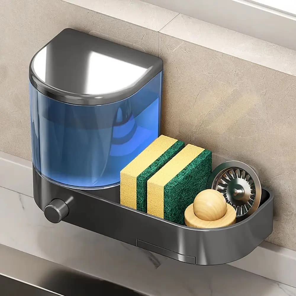 con vassoio di scarico Dispenser di sapone a parete con porta spugne Pressa a mano Porta liquidi per lavastoviglie Grande capacità impermeabile