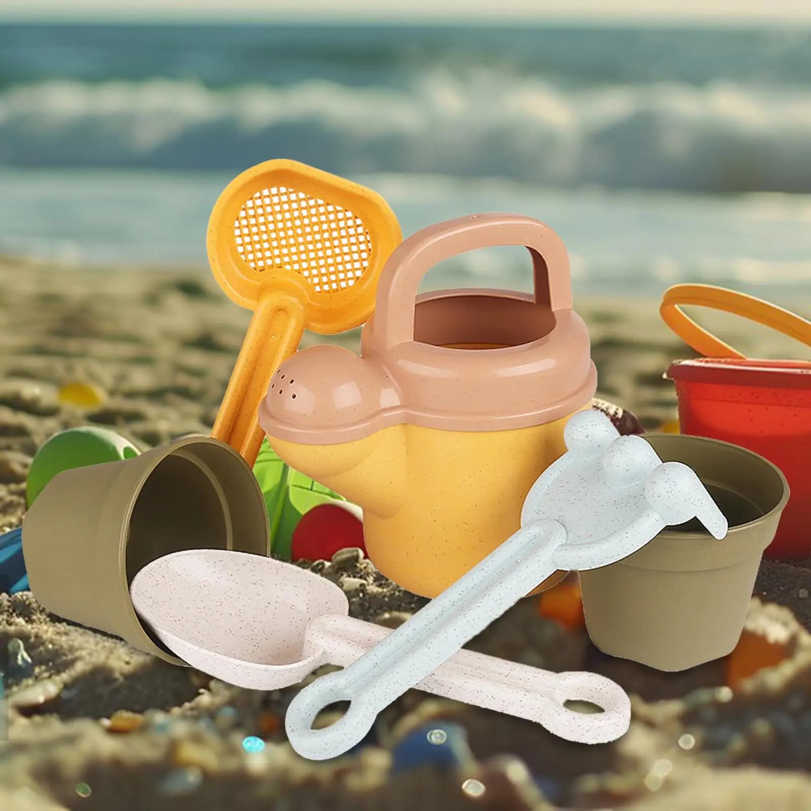 Set di 6 giocattoli da spiaggia per bambini Set di giocattoli di sabbia Attrezzi da giardino Rastrello Giocattolo per sabbiera per bambini per feste estive Viaggiare Attività all'aperto