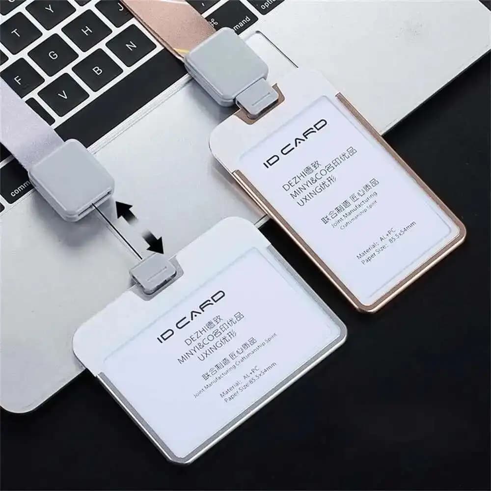 Two-sided visual identity card holder in metal with satin soft anti-wrinkle cord with luxury shoulder surface