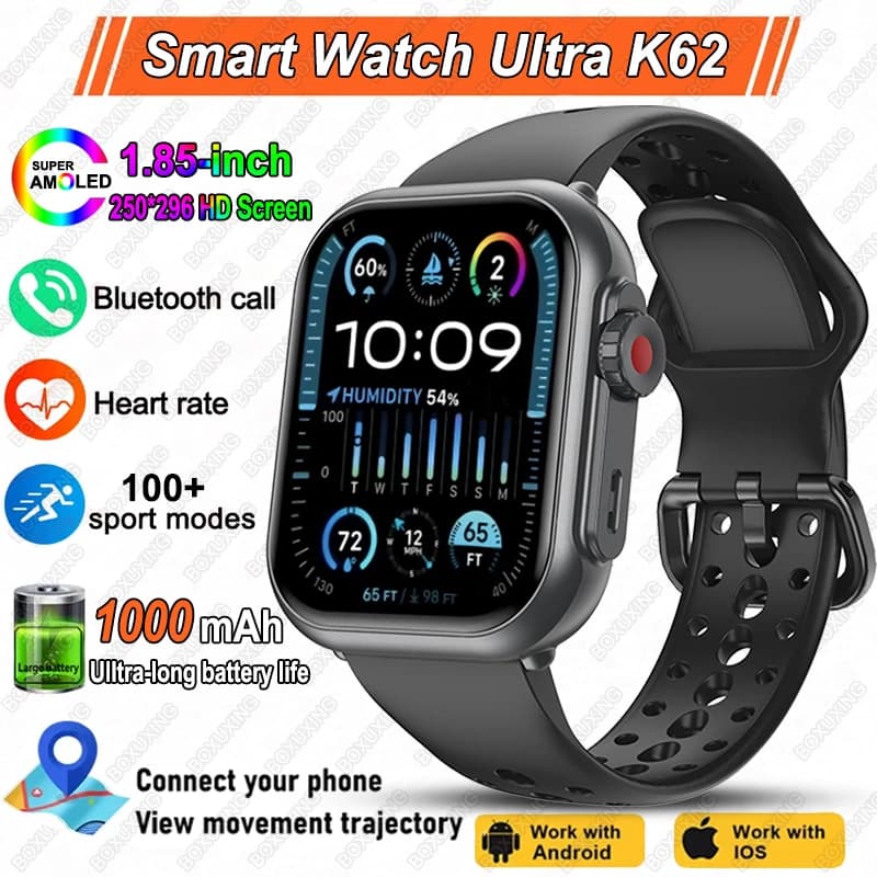 Ultra K62 1000 mAh Battery Women's Watch Smart Men HD AMOLED GPS Track 100 + Sport Cardiac Frequency Bluetooth Smartwatch Waterproof