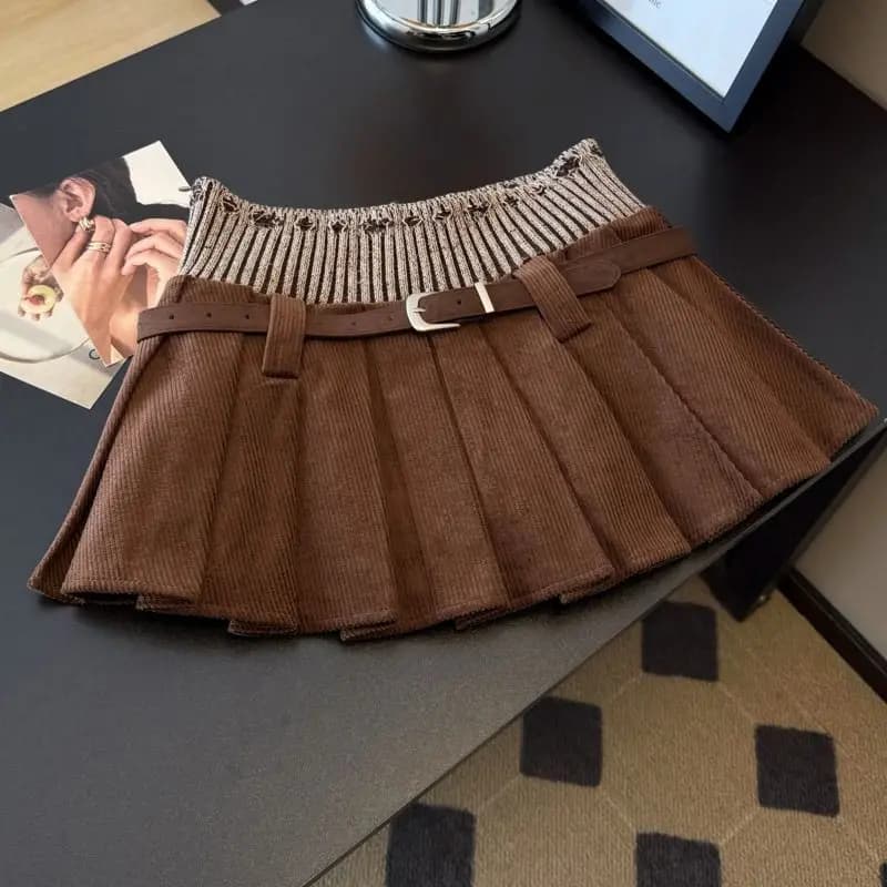 Women's Vintage Velvet Miniskirt Y2K Belt Patchwork Black Pleated skirts Winter Sexy Gyaru Harajuku Grunge A Line Faldas New