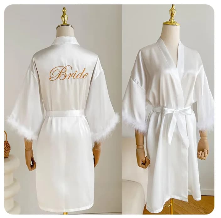 Sposa Sposa Abito da damigella d'onore Kimono in raso Intimo Lingerie Lady Sexy Piuma Manica Accappatoio Camicia da notte Breve Indumenti da notte Onesize