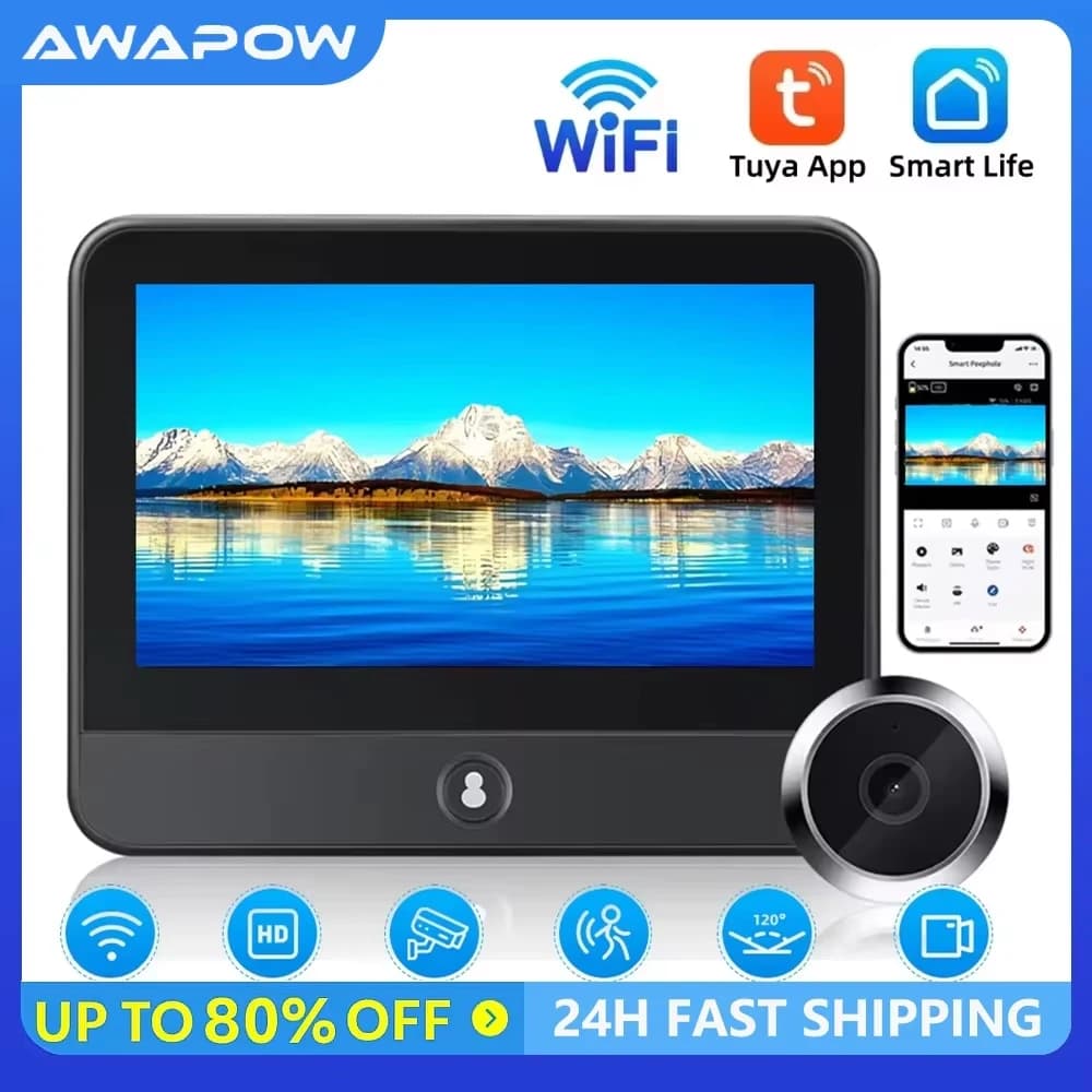 Awapow Tuya Radar wireless Campanello Wifi Porta Peepholes Telecamera PIR Rilevazione movimento Visione notturna 1080P Ricaricabile da 4,3 pollici