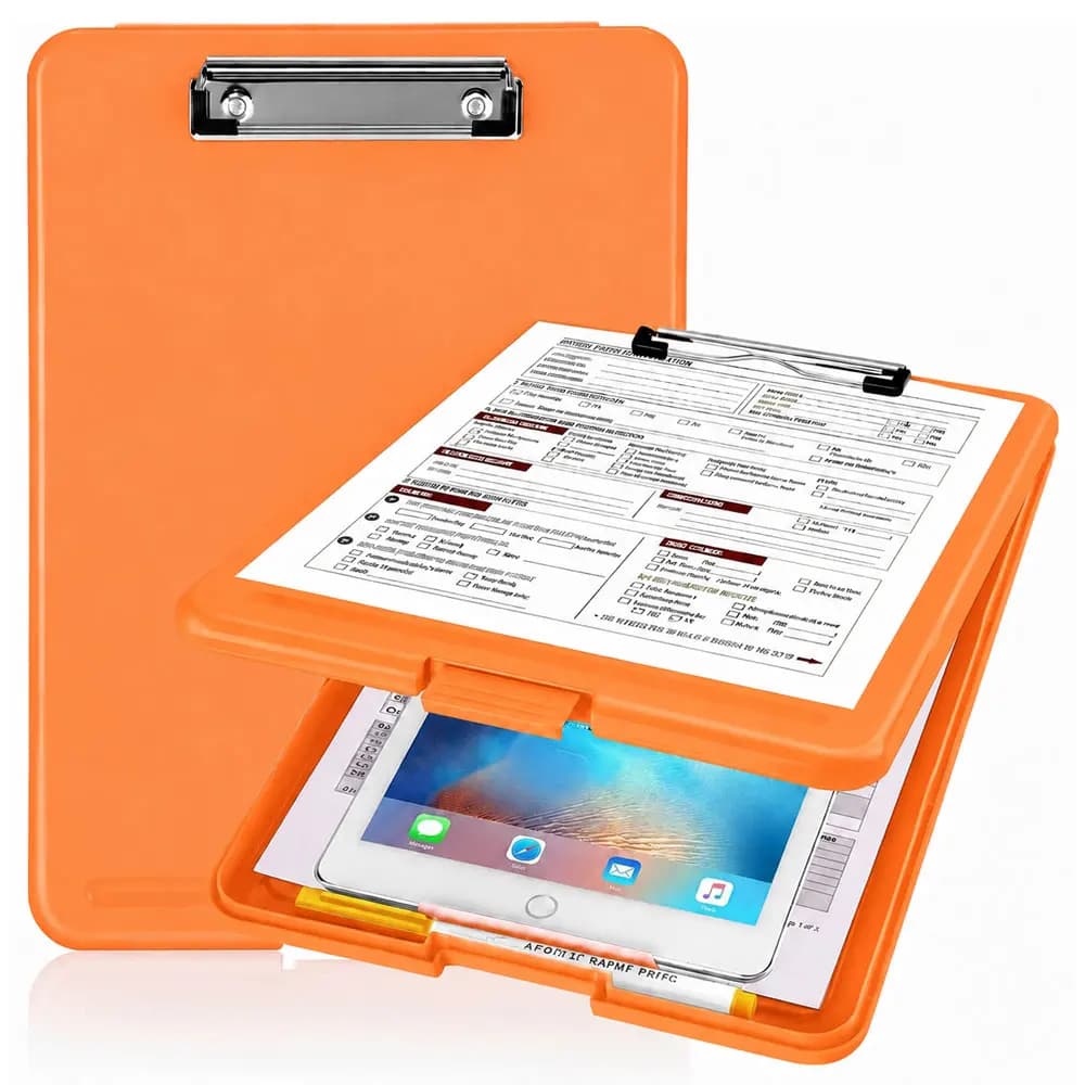 A4 file folder/writing pad with storage function and metal clip, can hold 80 sheets of standard paper, and can be expanded 180°.