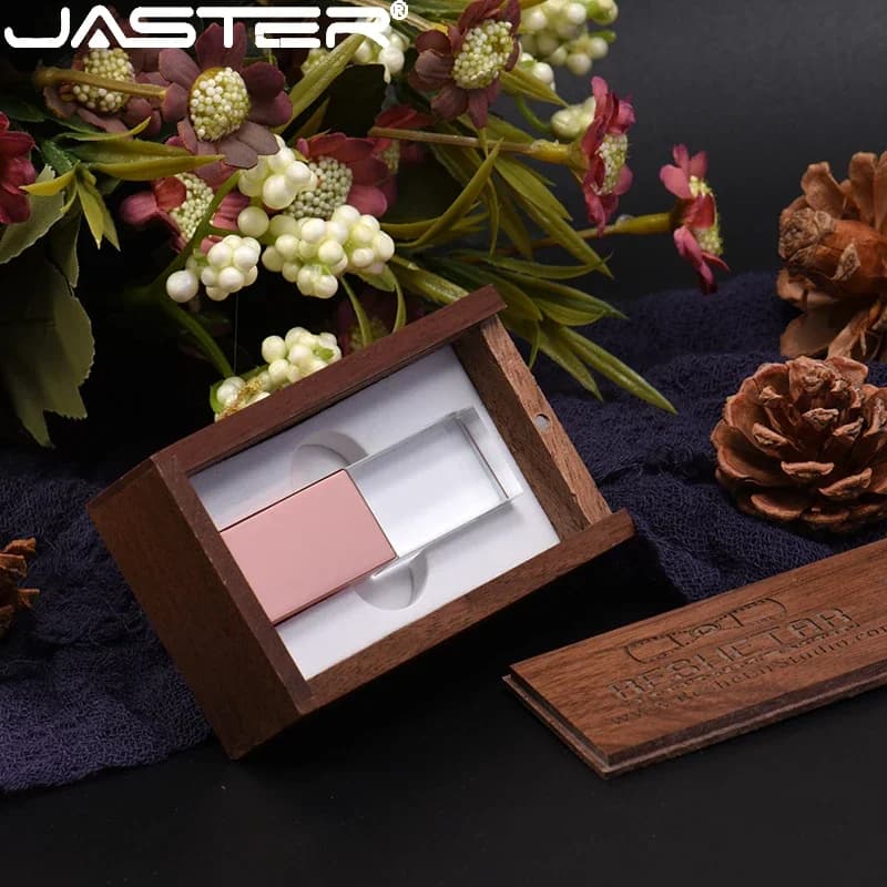 JASTER Chiavetta USB Scatola di legno Chiavetta di cristallo Logo personalizzato Memory Stick Regalo di nozze creativo Pendrive 128 GB 16 GB 32 GB 64 GB