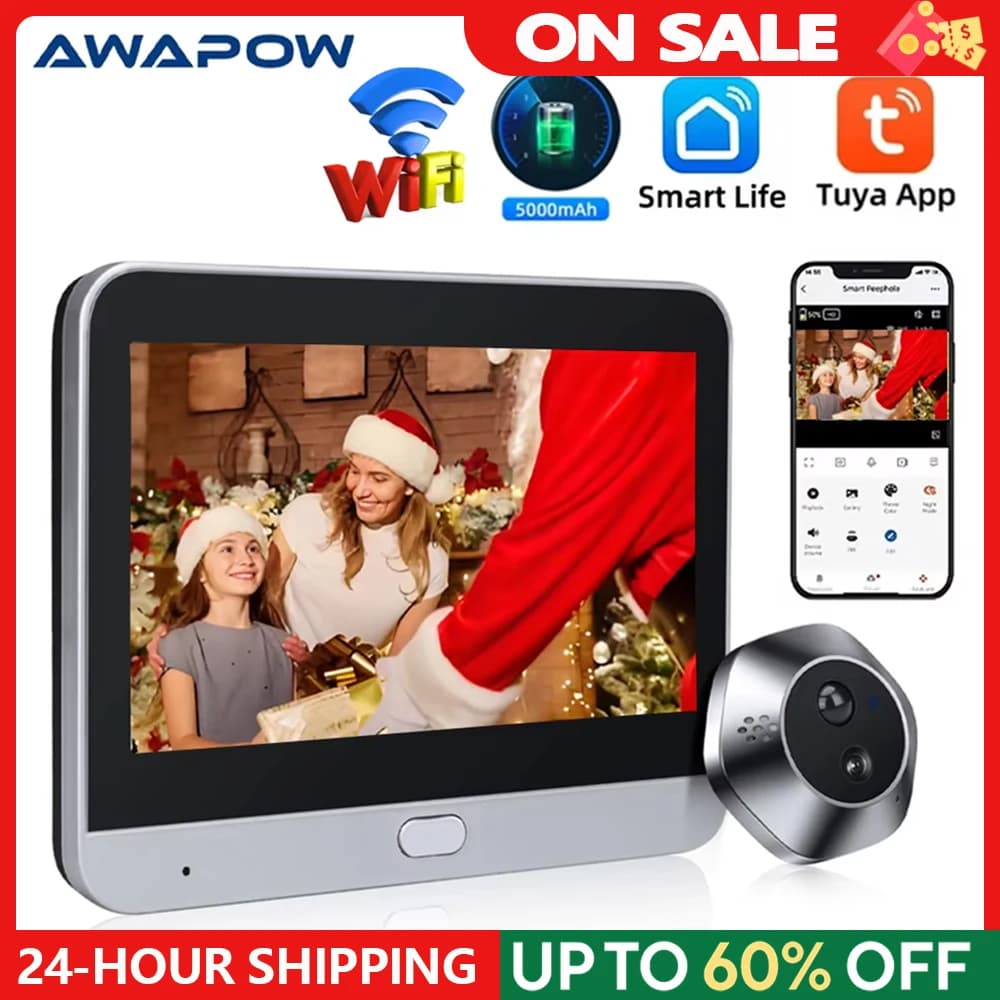 Awapow WiFi Tuya Spioncino Telecamera Smart Life Rilevazione movimento Audio digitale Campanello Aggiornamenti Citofono bidirezionale 2 milioni di pixel HD