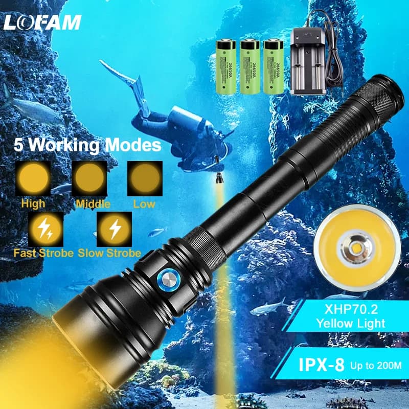 Underwater Flashlight 5 Working Modes P70.2 White / Yellow LED Light Powerful Underwater Fishing Lamp Waterproof For Diving