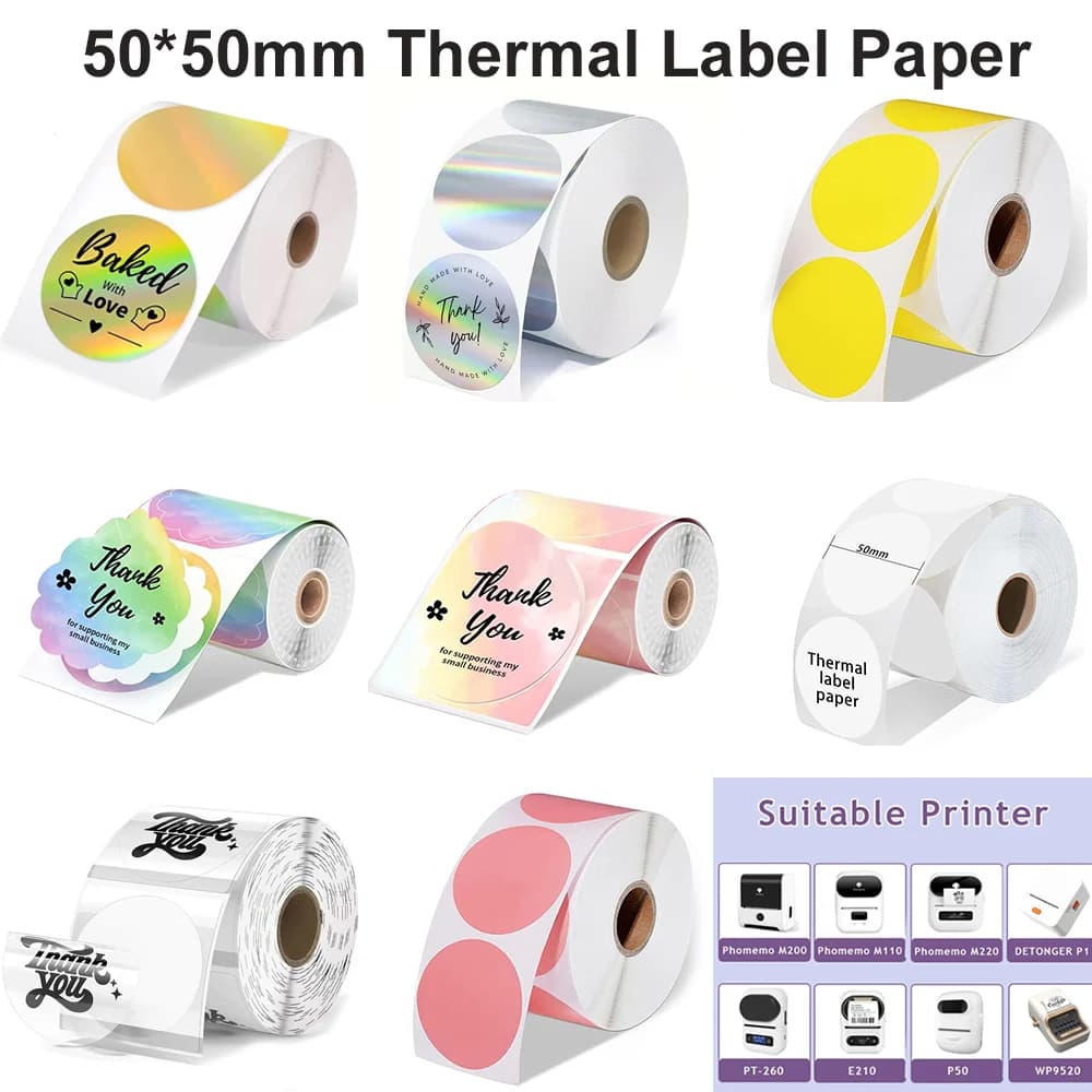 1 rotolo di carta termica a cerchio rotondo 50x50 mm Etichetta adesiva Etichette autoadesive per piccole imprese Carta per M110/M110S/M120/M200/M220