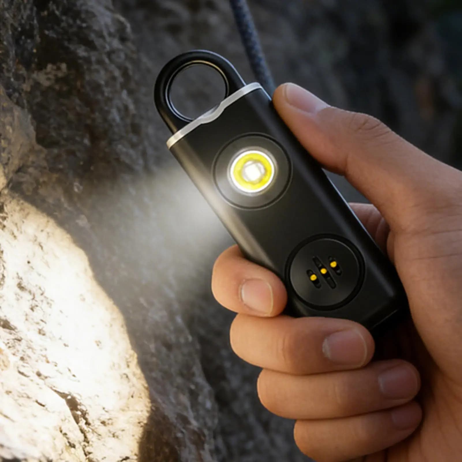 Allarme ricaricabile a forma di corno d'orso da 130 dB con luce stroboscopica a LED, dispositivo di sicurezza di emergenza per arrampicata, escursionismo, ciclismo, pesca, backpacking