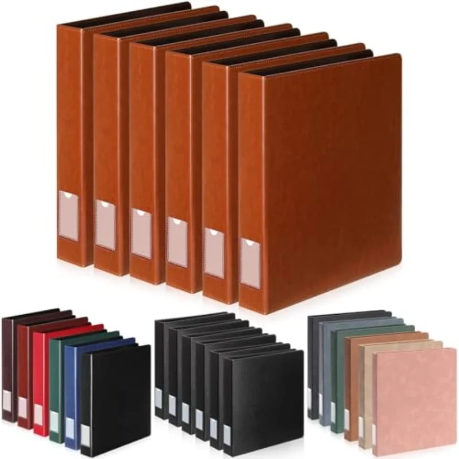 Set di 6 Raccoglitori ad Anelli in Pelle, Stile Vintage, con 2 Tasche Interne e Portaetichetta sul Dorso, Formato Lettera, Professionale