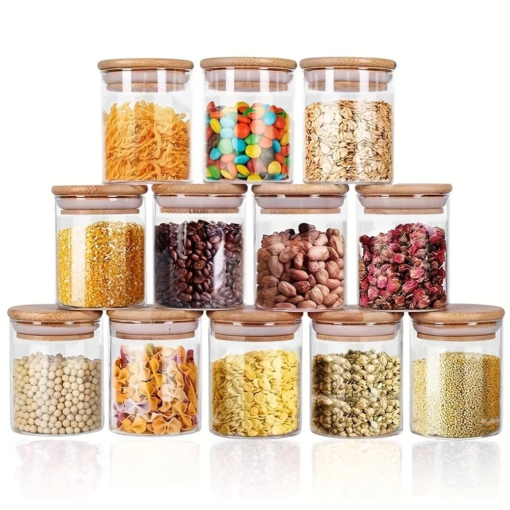 Pack of 12 8 ounces glass spice jars with airtight bamboo blankets hand washing food containers for Halloween Christmas Gift Tea Buckles
