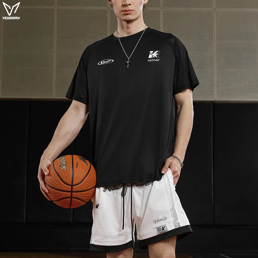 T-shirt da uomo in poliestere, traspiranti, ad asciugatura rapida, leggere, con scollo rotondo e maniche corte, ideali per palestra, corsa e allenamento.
