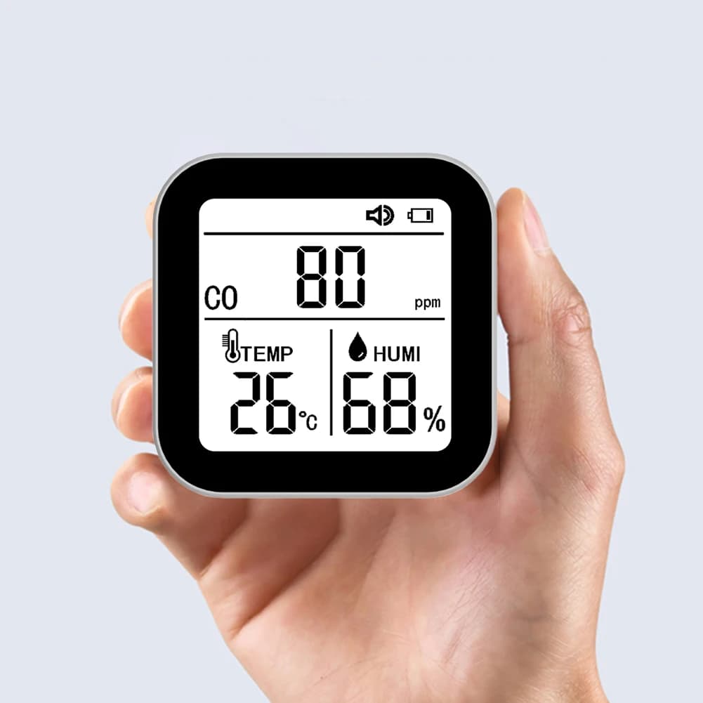 Rilevatore 3-in-1 di CO, Temperatura e Umidità con Funzione Allarme, Monitor per Monossido di Carbonio, Sensore di Temperatura/Umidità per Campeggio, Viaggi, Auto, Camper
