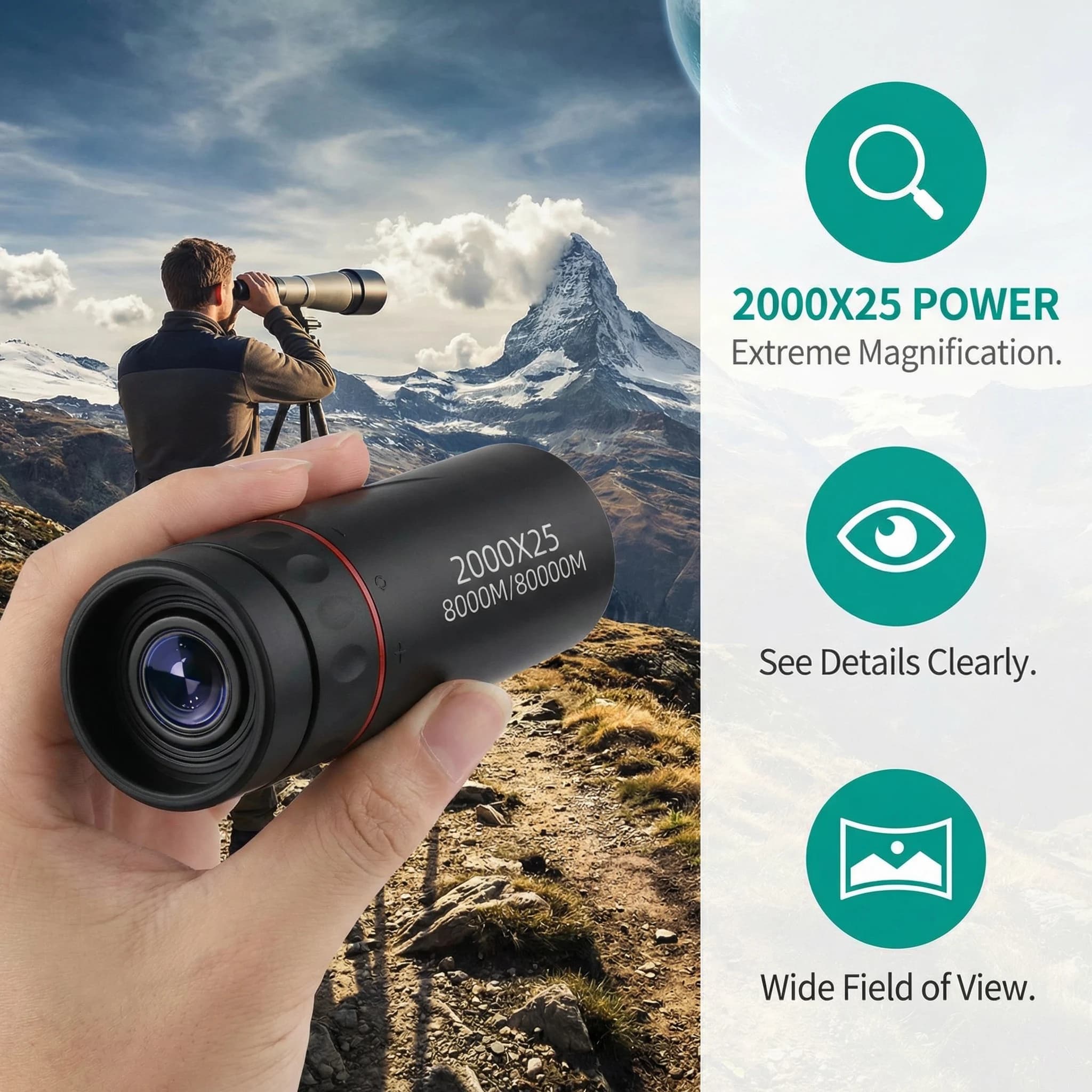 Monocular Telescope HD 2000x25 Mini Portable with Cell Phone Support, for Camping, Hunting and Birdwatching