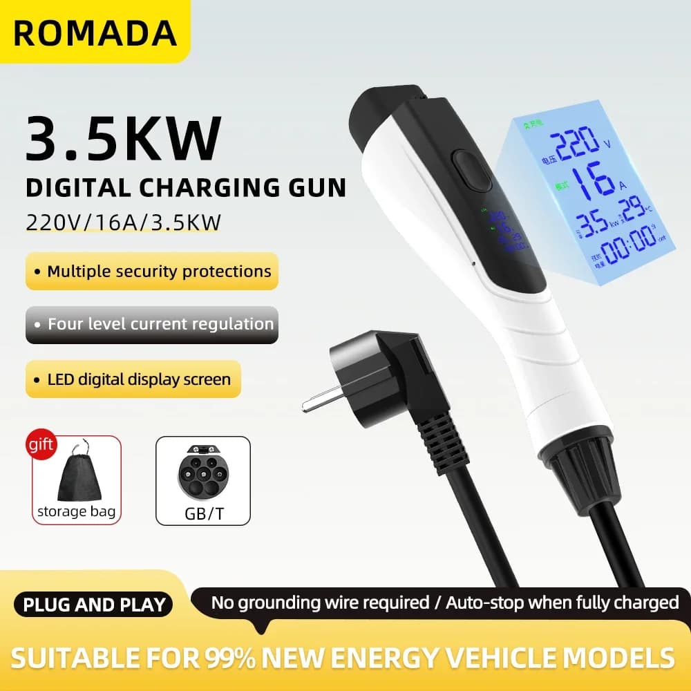 NEW 3.5KW 16A GB/T20234 EV Portable Charger 3M-20M EVSE Cable EU Plug Wallbox Adapter with Display Screen Secure Universal for EV