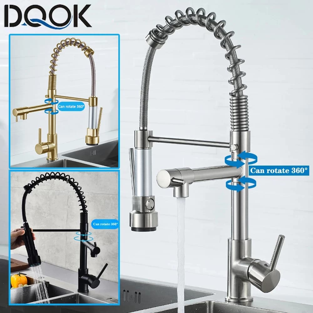DQOK rubinetto per lavello da cucina a molla spazzolato nero miscelatore per acqua calda e fredda miscelatore per gru con doppio beccuccio montato sul ponte