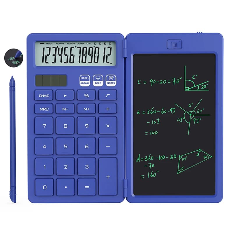 Calcolatrice di base portatile con tavoletta per appunti con blocco note, ampio display a 12 cifre, energia solare per studenti delle scuole primarie e medie
