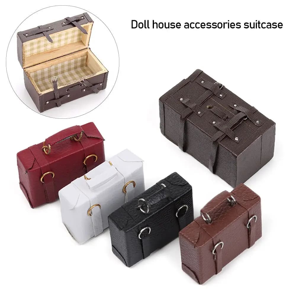 Bagagli in pelle per bambole per baule portatile in miniatura in scala 1:12 Mini valigia Scatola di legno vintage Accessori per bambole Giocattolo regalo per casa delle bambole