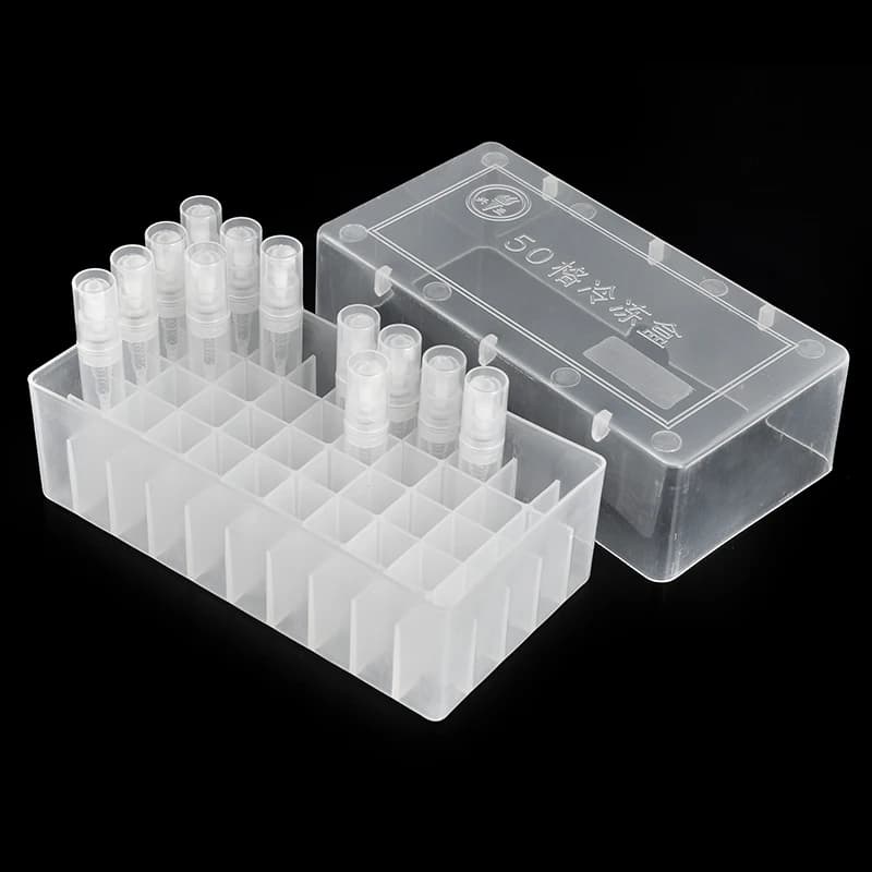 52*77*146mm scatola di plastica a 50 griglie Display portatile per bottiglie di profumo scatola di immagazzinaggio diametro 12.5mm del cerchio del profumo facilmente formulato