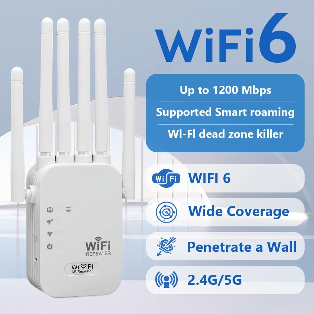 1200Mbps - Porte Gigabit Ethernet Dual Band, Extender WiFi 6, Compatibile con Qualsiasi Router, Compatibilità Universale, 6 Antenne per oltre 50 dispositivi