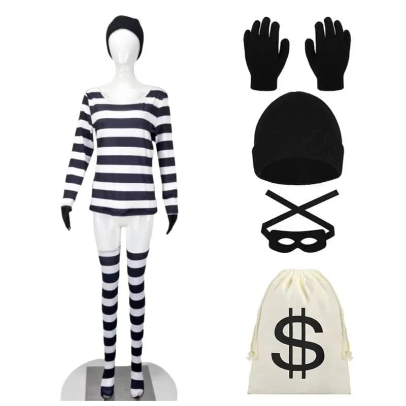 Costumes cosplay Halloween thief uniform thieves Long sleeve t-shirt striped set hat sock accessories Halloween carnival dresses