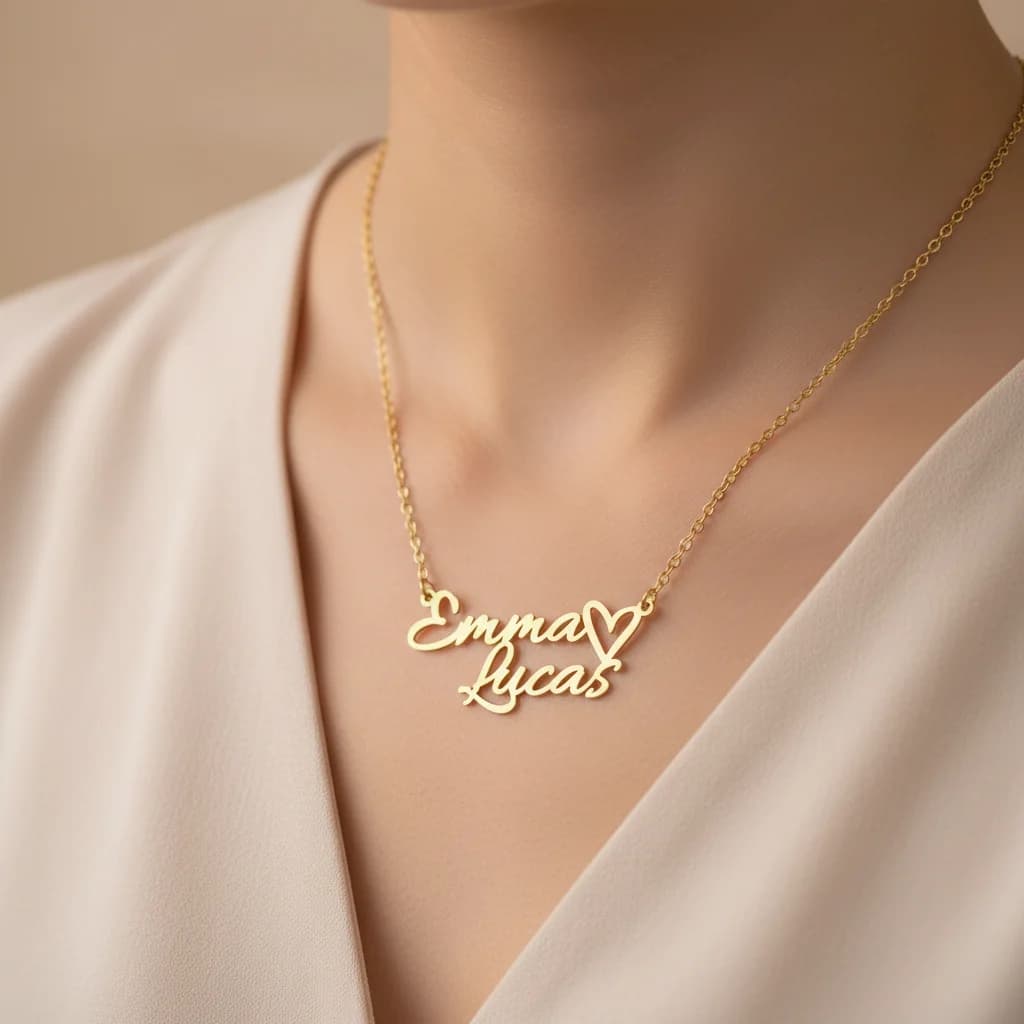Kcaco Custom Necklace with Double Name Stainless Steel, Heart Pendant for Couples, Gift for Women and Families