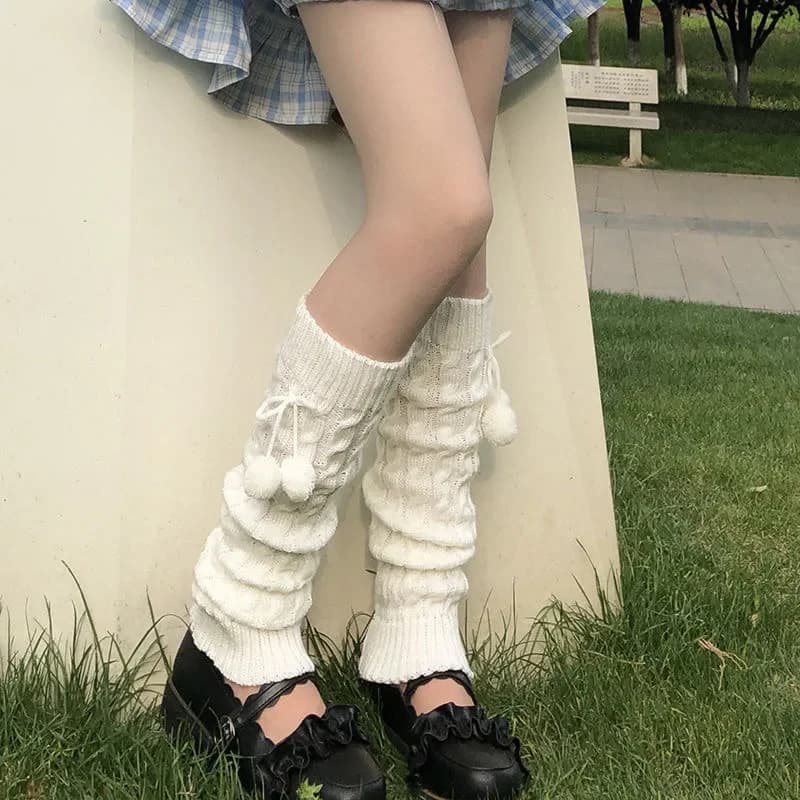 Winter warm socks in Japanese style Knitted socks for hot legs Lolita Covers knitted feet with wool balls Scaldamuscoli with balls for women