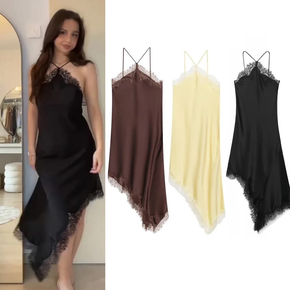 Sexy short evening dress for women 2026 summer satin black with lace, V neckline, sleeveless, without back, asymmetrical
