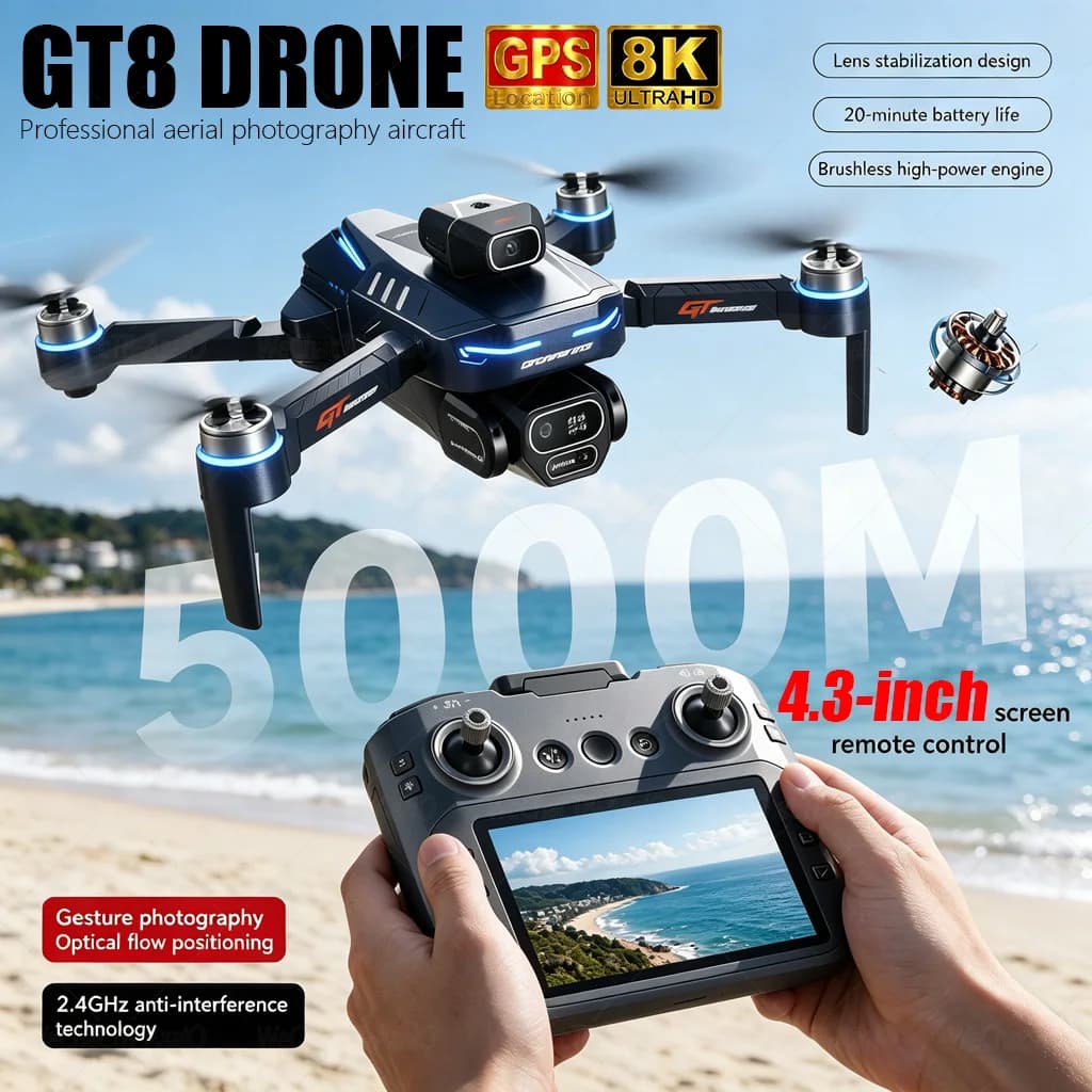 NEW GT8 HD RC Drone 4K Professional Dual Cameras WiFi FPV Aerial Photo Brushless Obstacle Avoidance Foldable Quadcopter Aircraft