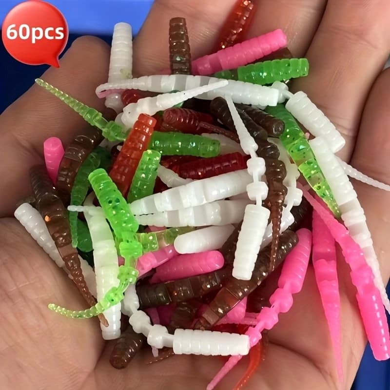 60 Mixed Color Pack 4.2cm/1.65in Bionic Red Worm with Needle Tail, Miniature Sea Fishing Bait - Mixed Color Realistic Sea Insect