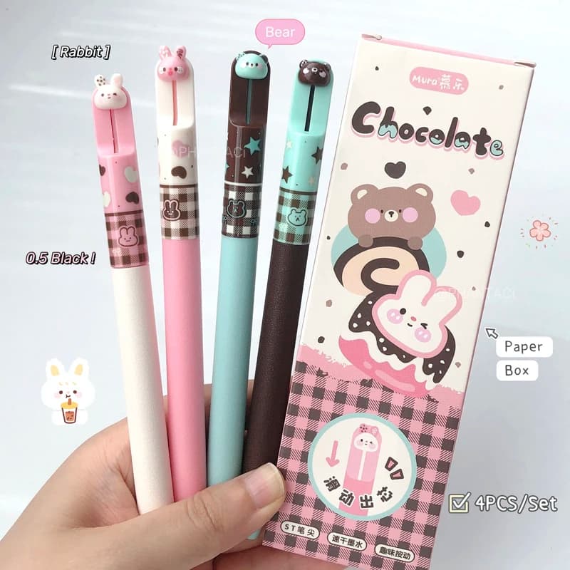 Set di 4 penne gel a forma di coniglio e orso per studenti, punta da 0,5 mm, inchiostro nero a rapida asciugatura, penna creativa a forma di animale, articoli per ufficio.